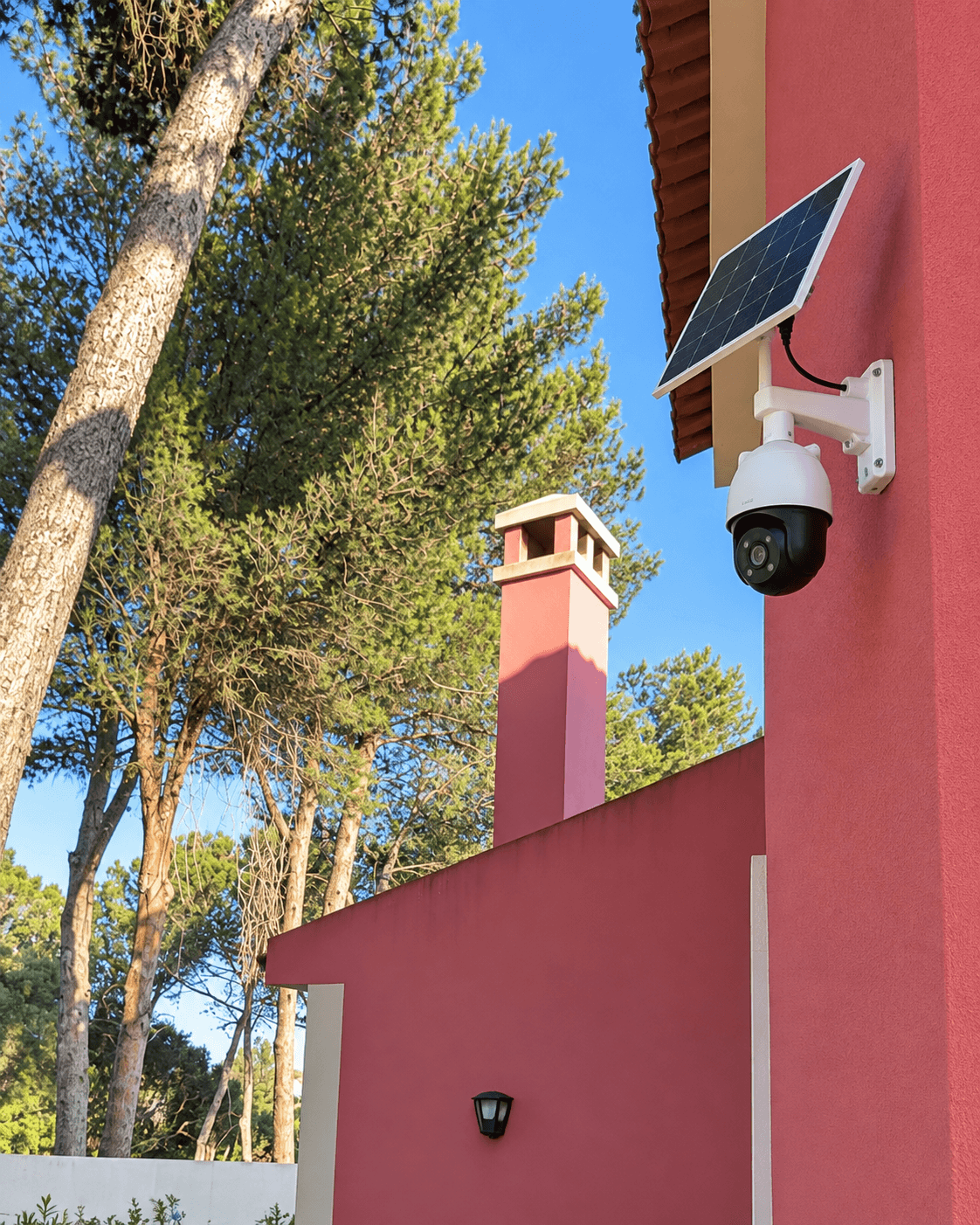 Câmara exterior com painel solar instalada na fachada de uma moradia em Cascais